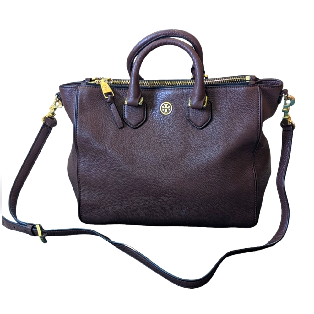 Tory Burch Robinson Tote Double Zip in dark walnut with gold hardware
